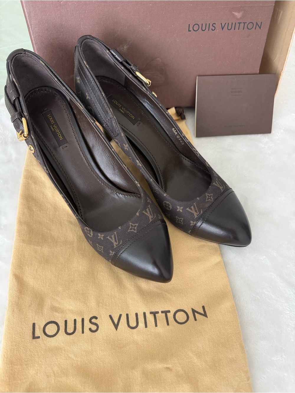 Louis Vuitton Brown Monogram Pointed Toe Heels with Gold Buckle - Picture 4 of 7